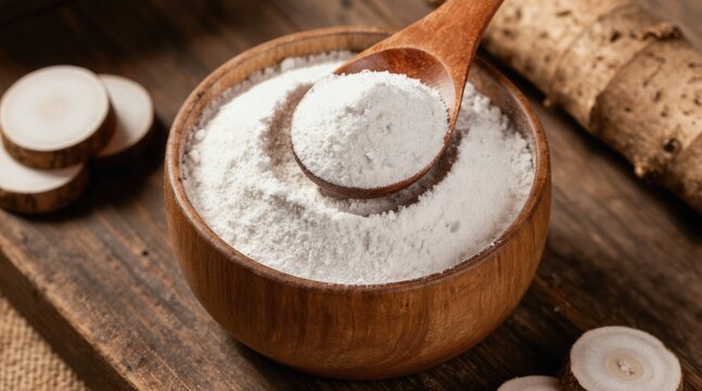 Rustic wooden bowl filled with white arrowroot powder. A spoon holds a portion of fine starch. Arrowroot root and slices rest on a dark timber surface.