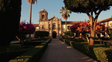 Obraz premium Historic building with a bell tower and ornate facade. Walled garden pathway leads to entrance, lined with colorful flowers and manicured hedges. Palm trees sway gently.
