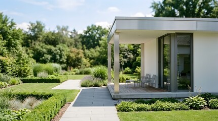 Fototapeta premium Modern architectural home design in lush green garden setting