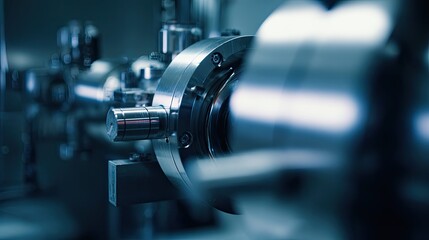 Fototapeta premium Precision engineered laboratory machinery in a high tech research facility, close up of metallic components and instruments used for advanced industrial, biotech and robotics development
