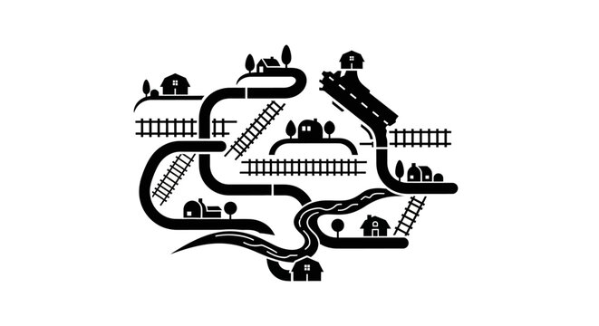 Abstract illustration of winding roads and railway tracks with small houses.