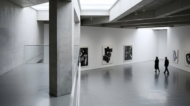 Modern art gallery interior with people viewing exhibits