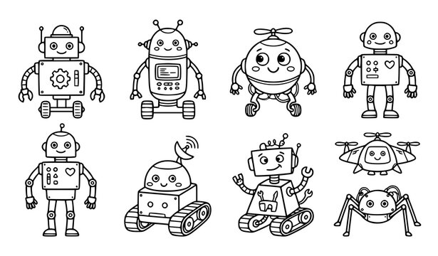 Children&rsquo;s Educational Robot Line Drawing Set in Cute Doodle Style Black and White Vector Illustration