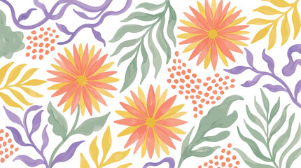 Fototapeta premium Vibrant watercolor floral pattern with delicate orange and yellow blossoms, lush green leaves, abstract purple vines, and speckles on a light background, perfect for decorative designs