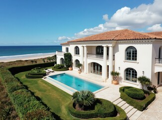 Naklejka premium Luxury villa with pool, manicured garden on sandy beach coast. Elegant Mediterranean style mansion faces calm blue ocean water. Exclusive private estate offers serene seaside living, perfect for
