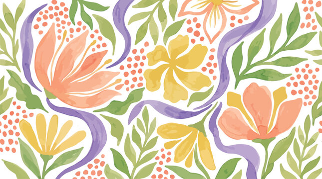 Vibrant Watercolor Floral Seamless Pattern with Abstract Blossoms, Green Leaves, and Decorative Ribbons on a Light Background, Perfect for Spring Designs