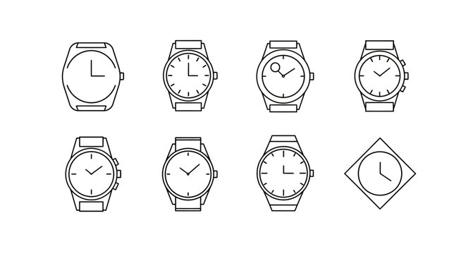 Set of minimalist wrist watch line icons, simple timekeeping design