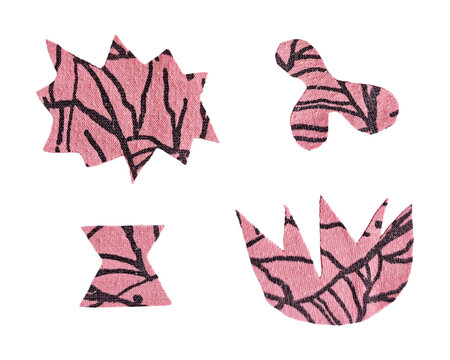 Set of hand-cut pink fabric scraps with edgy black graphics on a transparent background. Unperfect textile patches for grunge collages, streetwear branding, fashion stickers, and modern art projects.