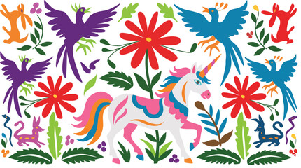 Vibrant folk art vector illustration showcasing a majestic unicorn, whimsical birds, and intricate floral patterns in a rich, decorative cultural design © Pronob Kumar Ray