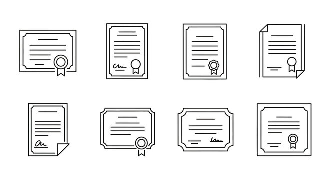Set of eight diploma and certificate line icons for professional awards
