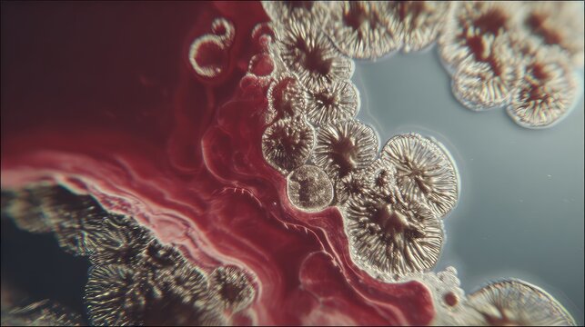 Microscopic view of various bacteria colonies developing and multiplying, forming complex patterns and textures in a laboratory controlled environment, showcasing biological growth