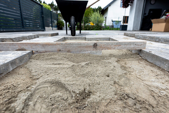 Paving work preparing ground for concrete slabs