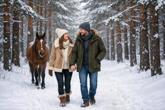 Man and woman walking through snowy fir forest looking at each other while horse follows behind. Romantic winter scene in nature showing connection, love and peaceful countryside lifestyle with horse