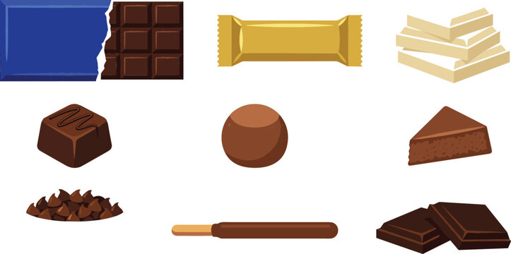 Chocolate Dessert Collection Vector Illustration Featuring Chocolate Bars Truffles Brownies Cocoa and Sweet Candy Treats