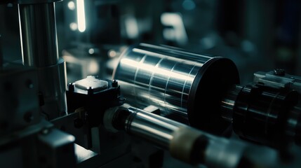 Fototapeta premium Industrial machine components working together, forming and shaping a metal cylinder on a modern production line, demonstrating sophisticated manufacturing processes and engineering automation