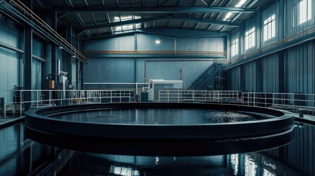 Large industrial facility interior featuring a circular water treatment pool, structural beams, and a control system, highlighting processes for manufacturing and wastewater management