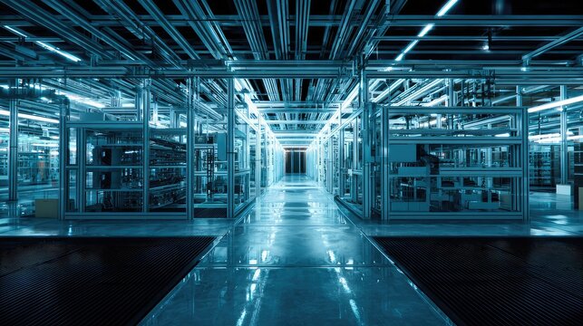 Data center corridor extending into the distance, showcasing interconnected server racks, high technology infrastructure, and digital storage under blue lighting