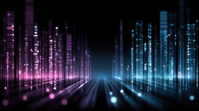 Abstract digital skyscrapers illuminate a futuristic cityscape with contrasting pink and blue neon lights