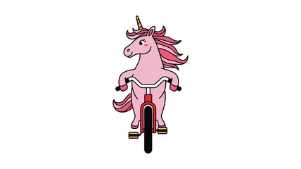 Pink cartoon unicorn with rainbow mane and tail standing on hind legs © bddesigner15