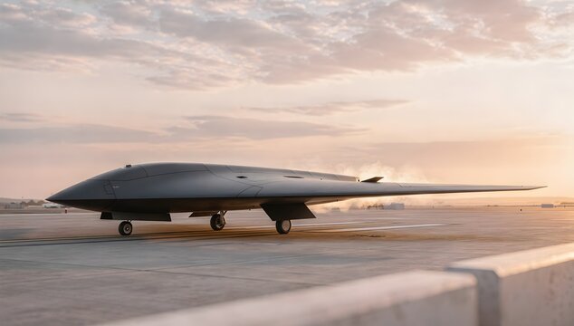 A futuristic unmanned stealth aircraft sits on a desert airfield runway during a dramatic golden hour sunset.