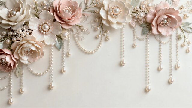 Elegant floral border design with ornamental flowers in ivory and pale pink tones, pearl fringe details on soft neutral background, luxurious feminine aesthetic