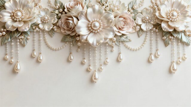 Elegant floral border design with lustrous ivory ornamental flowers, pearl embellishments and pearl fringe details on soft neutral background, luxurious feminine aesthetic