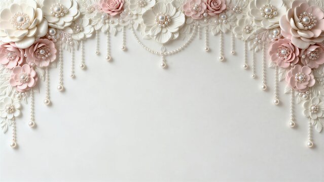 Elegant floral border design with ornamental flowers in ivory and pale pink tones, pearl fringe details on soft ivory background, luxurious feminine aesthetic, copy space