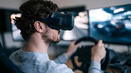Naklejka premium Young man immersed in virtual reality racing, wearing a vr headset and gripping a steering wheel to control a high speed driving simulator in a modern indoor setup