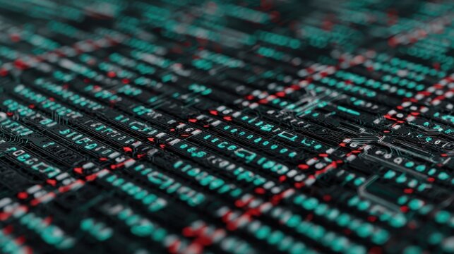 Digital data stream flows across a dark electronic surface with glowing characters