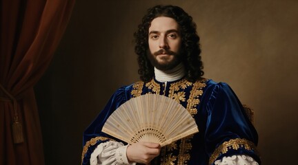 Obraz premium Man in blue velvet coat with gold trim holds antique fan. Aristocrat poses for regal portrait in ornate attire. He wears white ruffled shirt and dark wig.