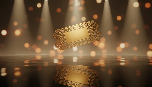 Golden ticket, floating in spotlight with reflective surface, elegant and luxurious setting, symbolizing exclusivity and prestige for branding and marketing.