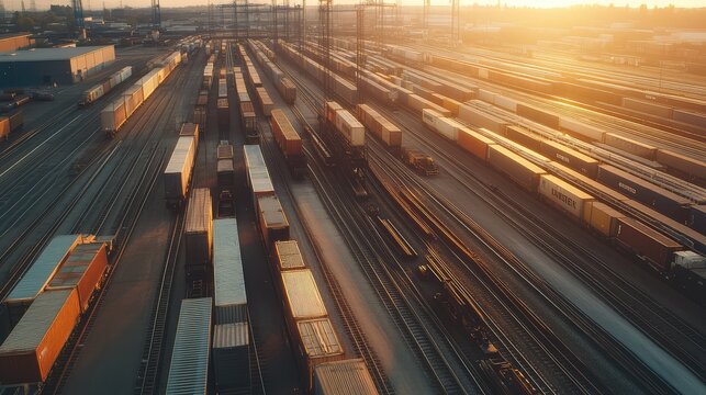 Long freight trains with cargo containers filling an expansive industrial railyard at sunset, highlighting global supply chain logistics and the busy transportation network