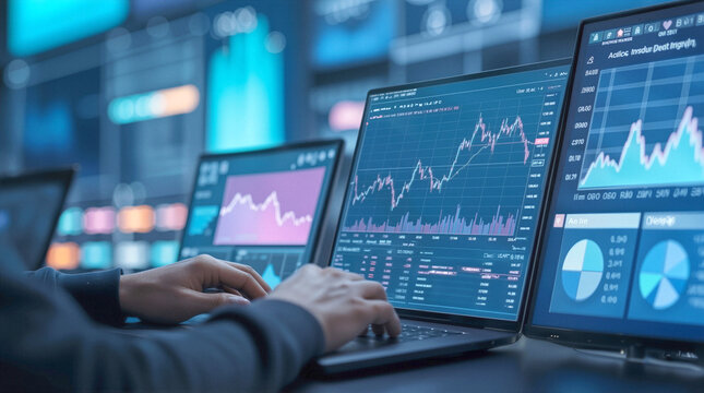 Trader monitoring stock market fluctuations on multiple laptop screens in high-tech financial office. Hands typing on keyboard while analyzing real-time trading graphs and data visualizations.