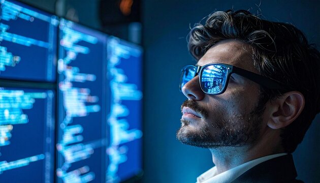 暗い部屋でプログラミングコードがレンズに映り込むエンジニアの眼鏡のクローズアップ