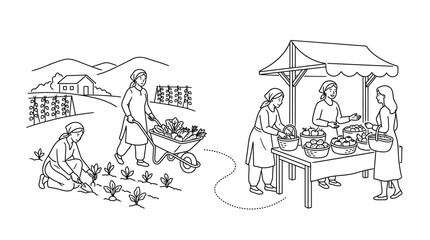 Naklejka premium Black and white line art illustration showing farmers working in fields and selling produce at a market stall.