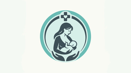 Fototapeta premium Breastfeeding mother logo icon with protective hands and medical cross symbol.