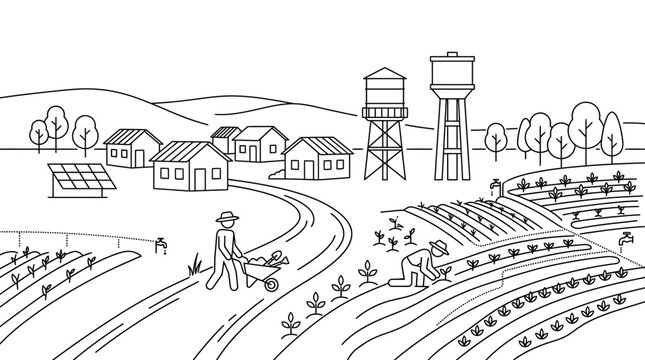 Black and white line art illustration of farmers working in a rural agricultural landscape.