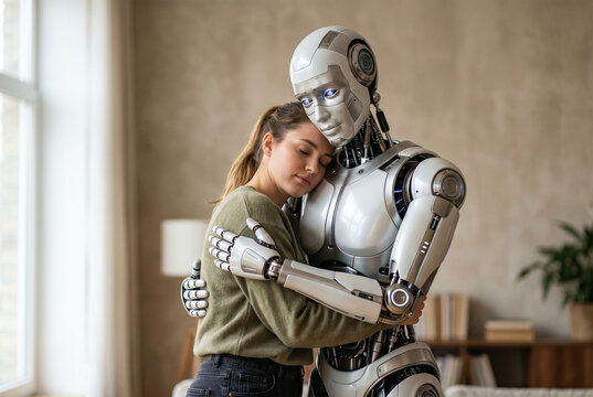 Human Connection: Emotional Embrace Between Humanoid Robot and Woman