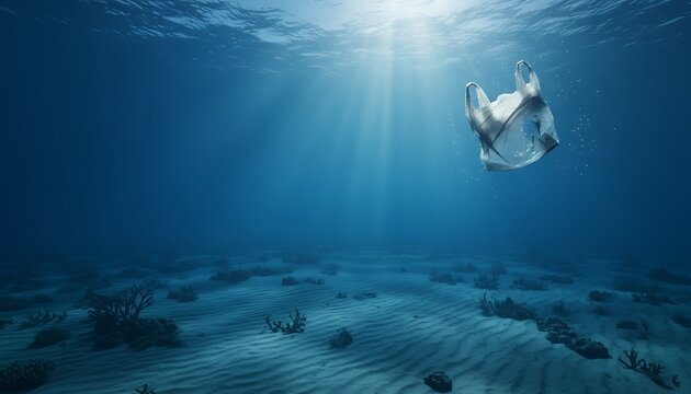 Plastic bag, floating underwater, ocean pollution, sunlight shining through waves, symbolizing environmental impact and ecological concern