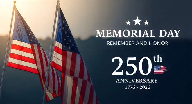 American flags waving at Memorial Day 250th anniversary commemoration event