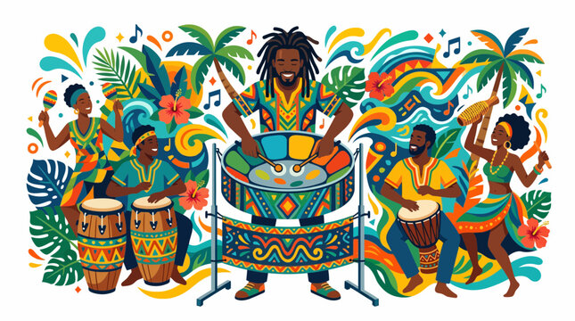Caribbean carnival music band playing steel drums and congas with dancing people.