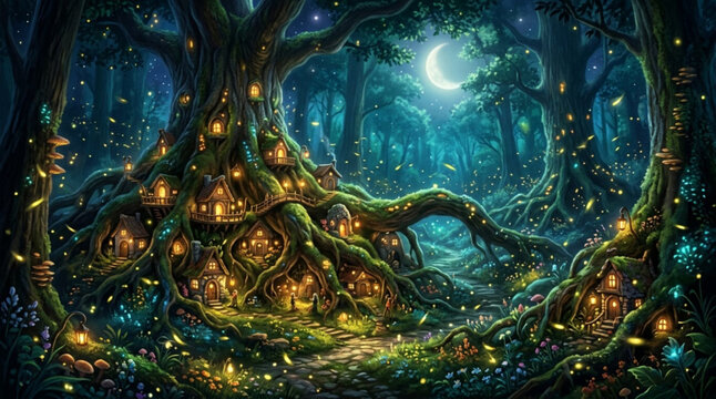 Fantasy fairy forest with hidden tiny glowing houses inside giant tree roots 