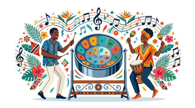 Caribbean musicians playing steel pan and djembe drums.