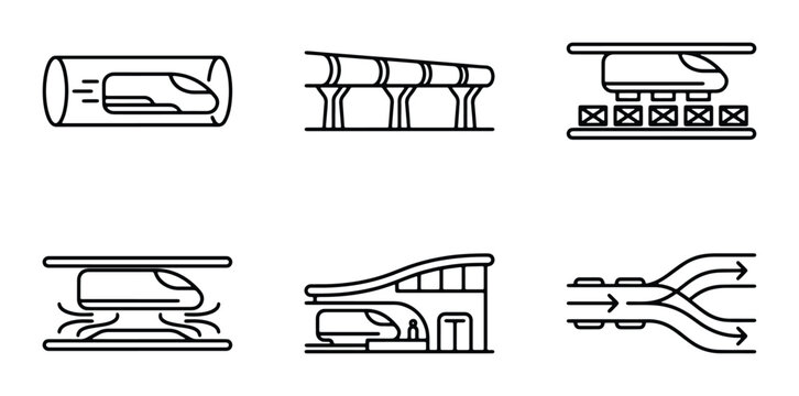 Futuristic Transport Icons: Hyperloop, Monorail, Maglev, Pods, Station, and Tracks - Modern Transportation Concepts