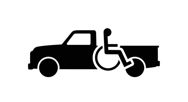 Black silhouette icon of a pickup truck with a wheelchair symbol representing disability access.