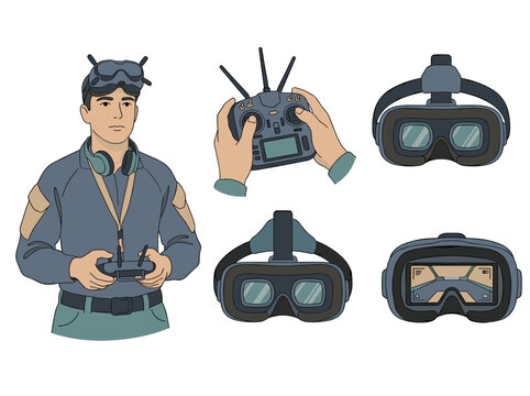 Military drone pilot vector illustration set, hands holding fpv controller, goggles with pov screen, white background