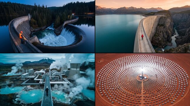Renewable Energy Sources Collage &mdash; Hydroelectric Dam, Geothermal Plant and Solar Thermal Power Station Aerial View
