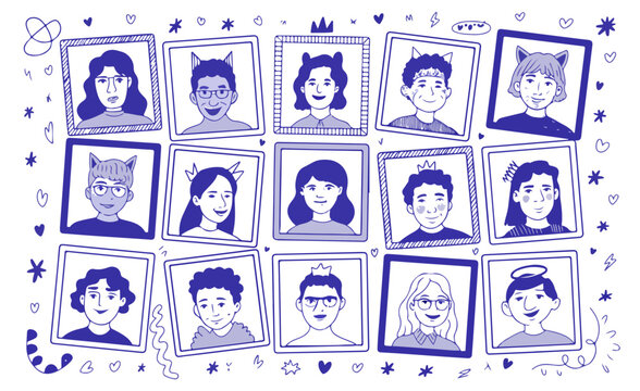 Graduation yearbook layout, photocard collage template with hand-drawn doodles on photos. Graduating class school album pictures with pen scribbles, college graduation ceremony photo vector mockup