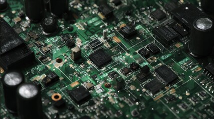 Obraz premium Green circuit board hardware showing microchips, capacitors, and various electronic components, representing advanced technology, digital communication, and data processing
