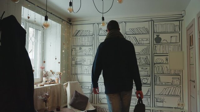 White man enters cozy apartment midday stepping from doorway in coat and scarf carrying duffel bag sunlight through curtain, patterned bookshelf wallpaper, small couch with pillows, hanging